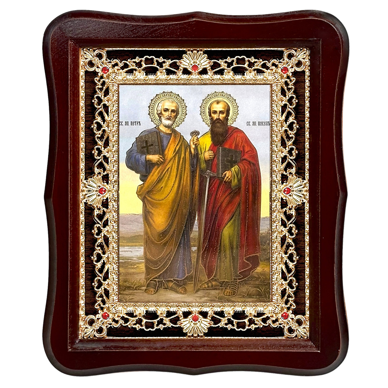 Ікона Петро і Павло святі апостоли, лик 15х18 см, у темному дерев'яному кіоті з камінням, фото 1