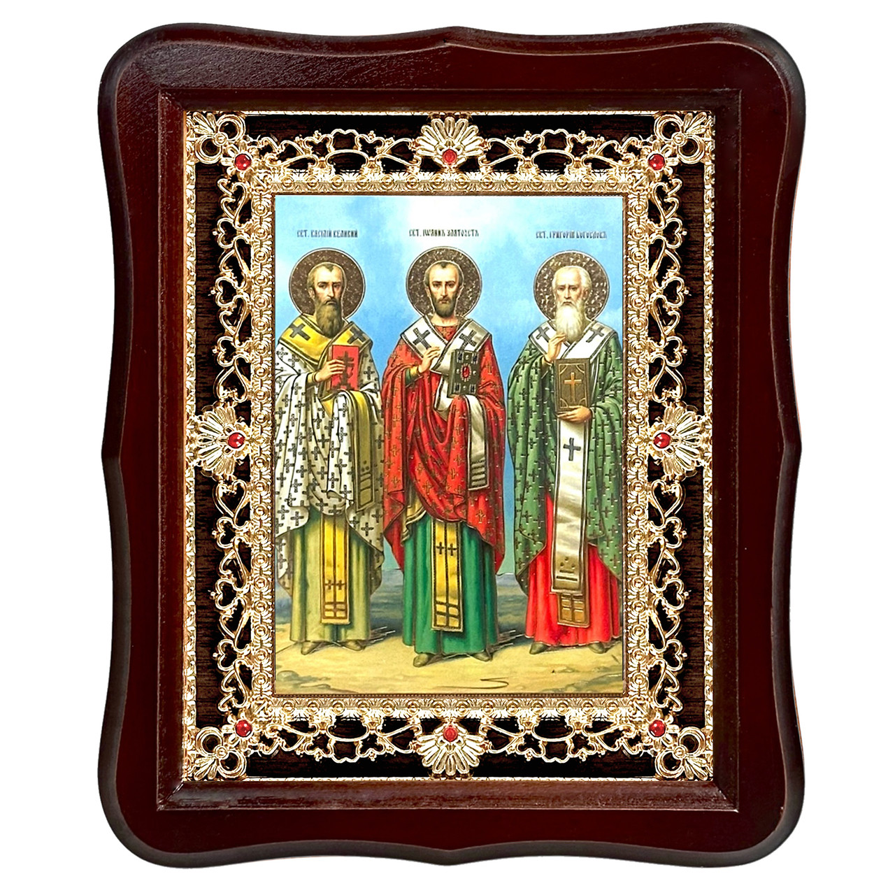 Ікона Василь, Григорій та Іоанн святителі, лик 15х18 см, у темному дерев'яному кіоті з камінням, фото 1