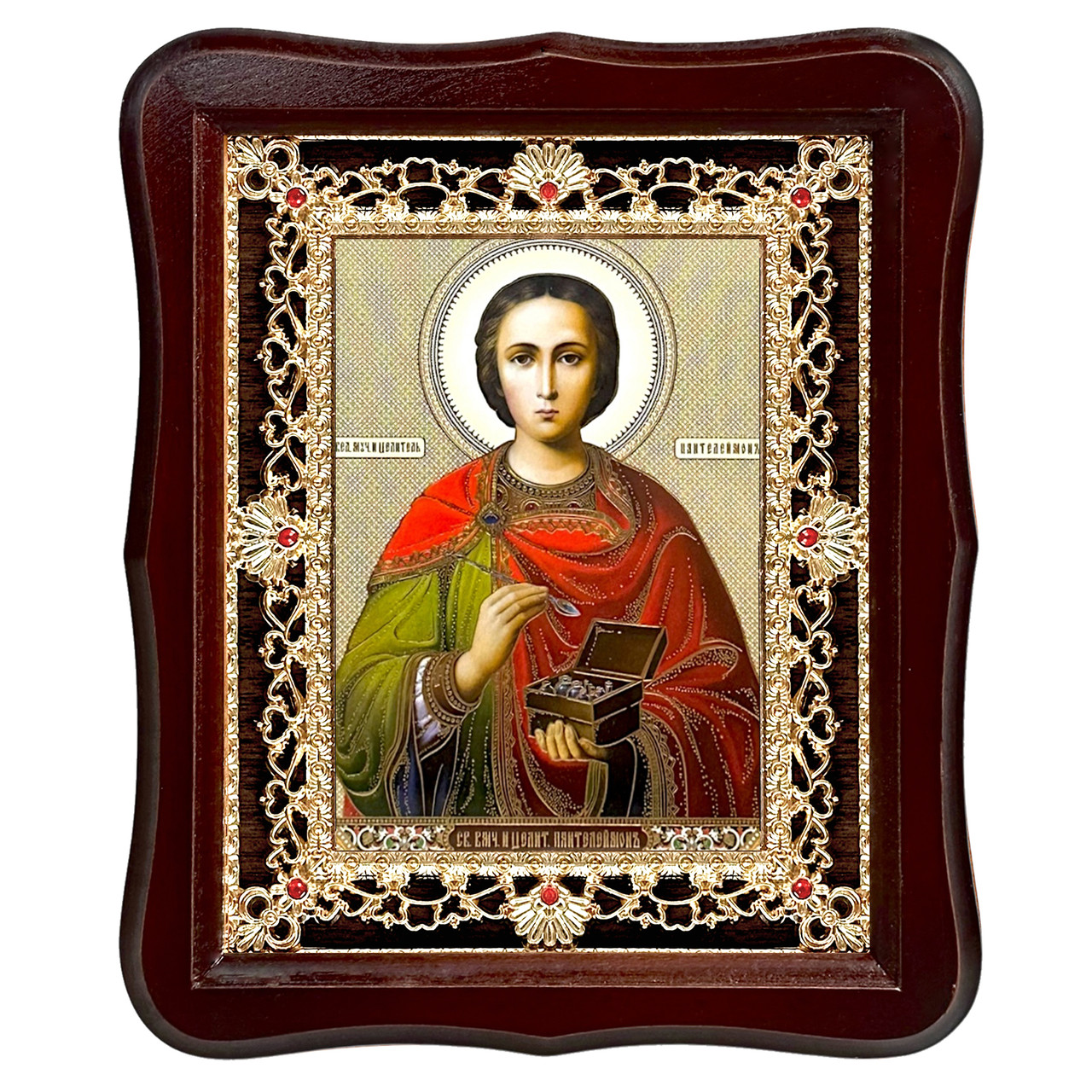 Ікона Пантелеймон святий великомученик і цілитель, лик 15х18 см, у темному дерев'яному кіоті з камінням, фото 1