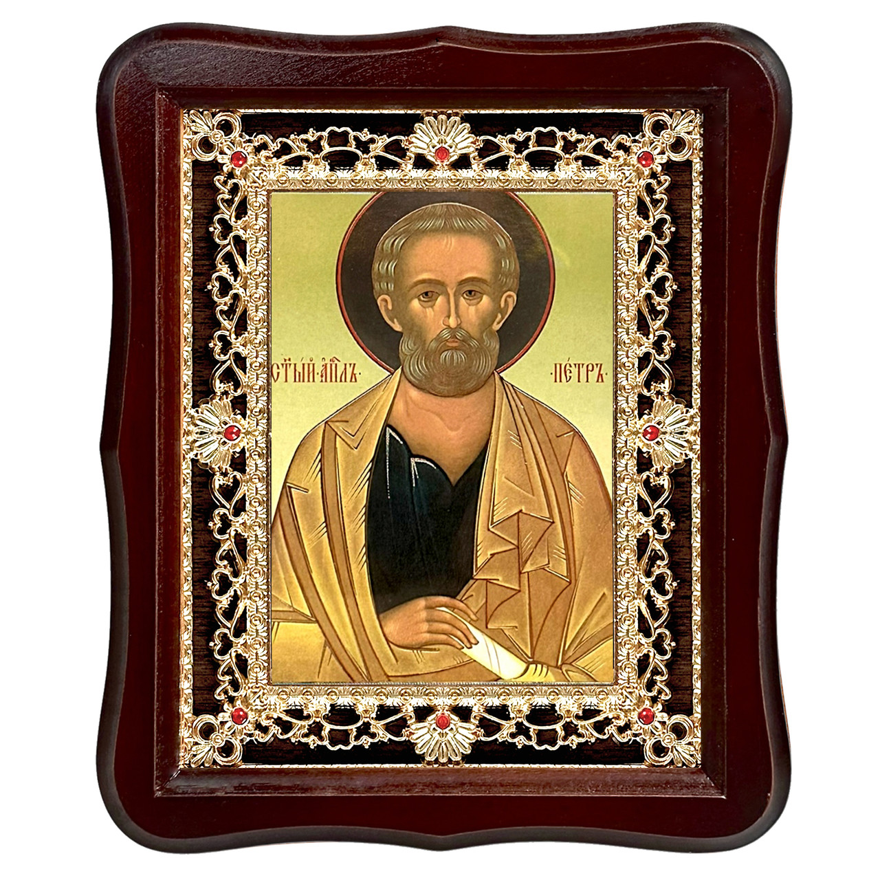 Ікона Петро апостол, лик 15х18 см, у темному дерев'яному кіоті з камінням, фото 1