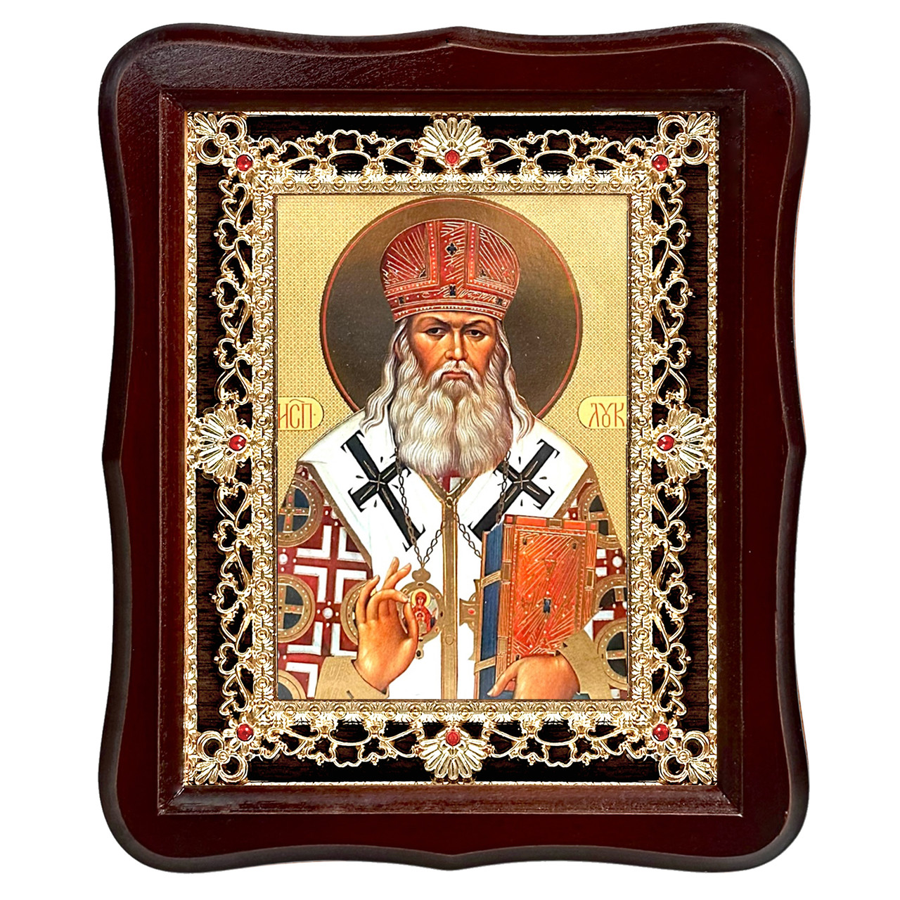 Ікона Лука святитель, сповідник, архієпископ Красноярський, лик 15х18 см, у темному дерев'яному кіоті з камінням, фото 1