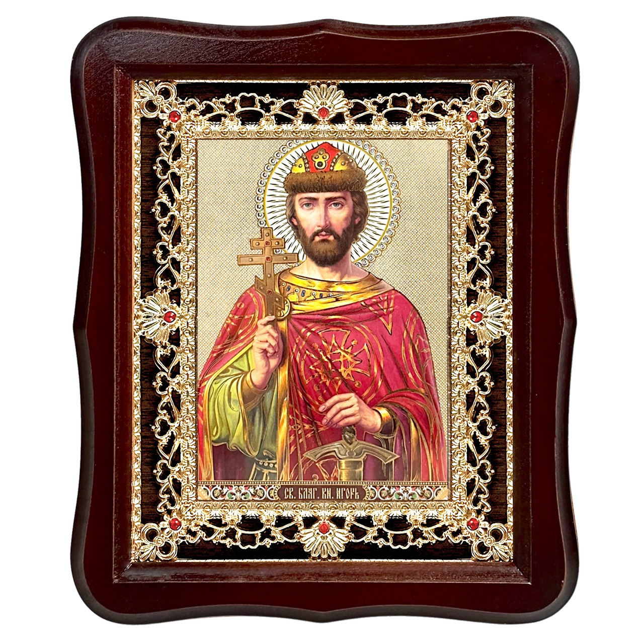 Ікона Ігор святий благовірний князь, лик 15х18 см, у темному дерев'яному кіоті з камінням, фото 1