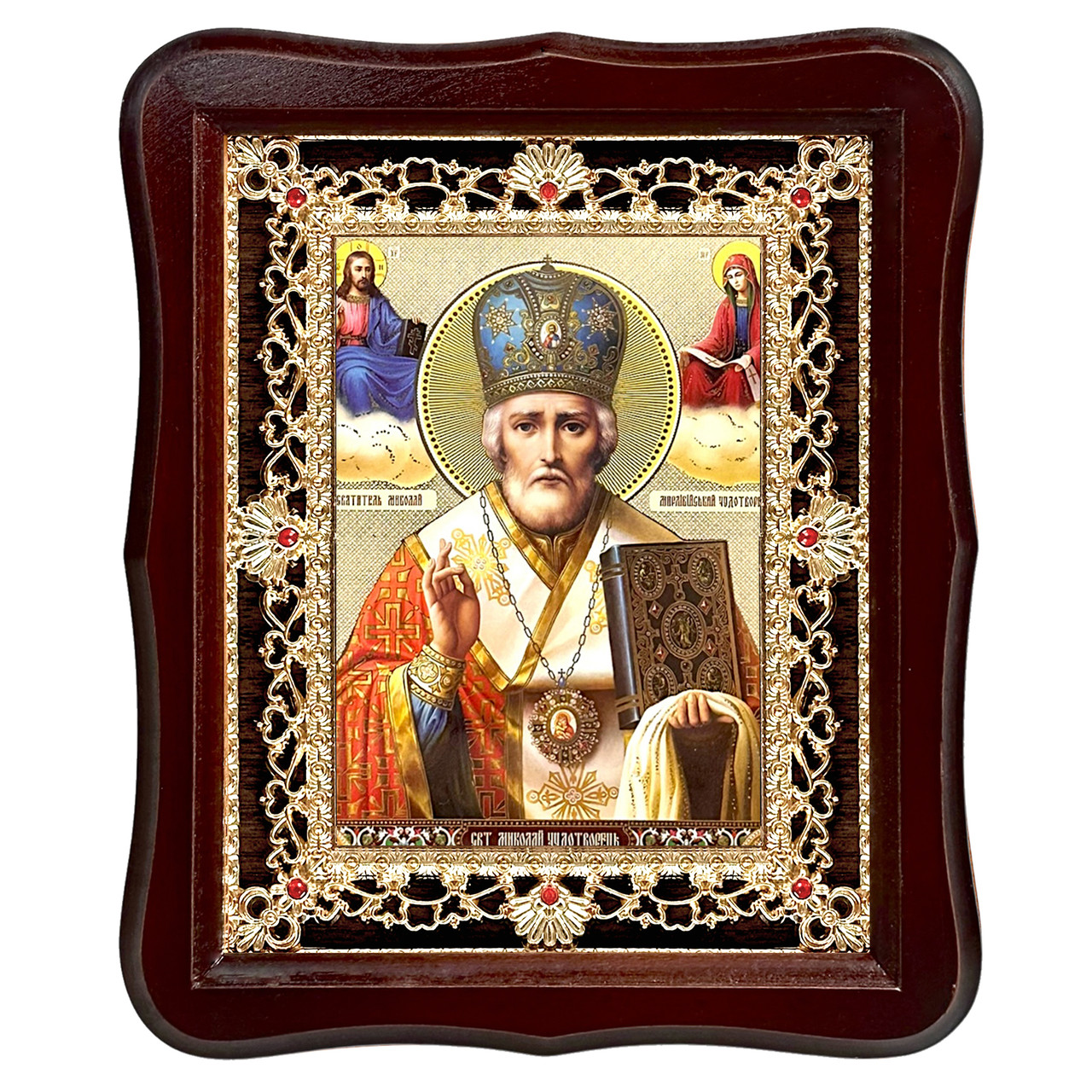 Ікона Миколи Чудотворця святителя, лик 15х18 см, у темному дерев'яному кіоті з камінням, фото 1