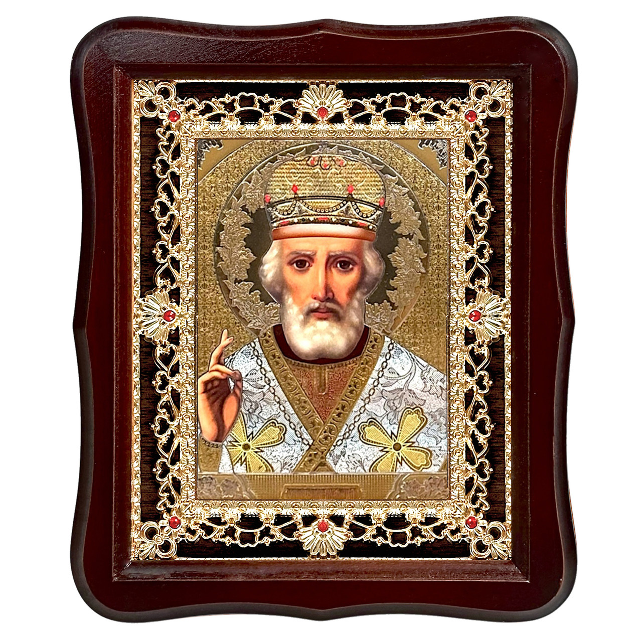 Ікона Миколи Чудотворця святителя, лик 15х18 см, у темному дерев'яному кіоті з камінням, фото 1