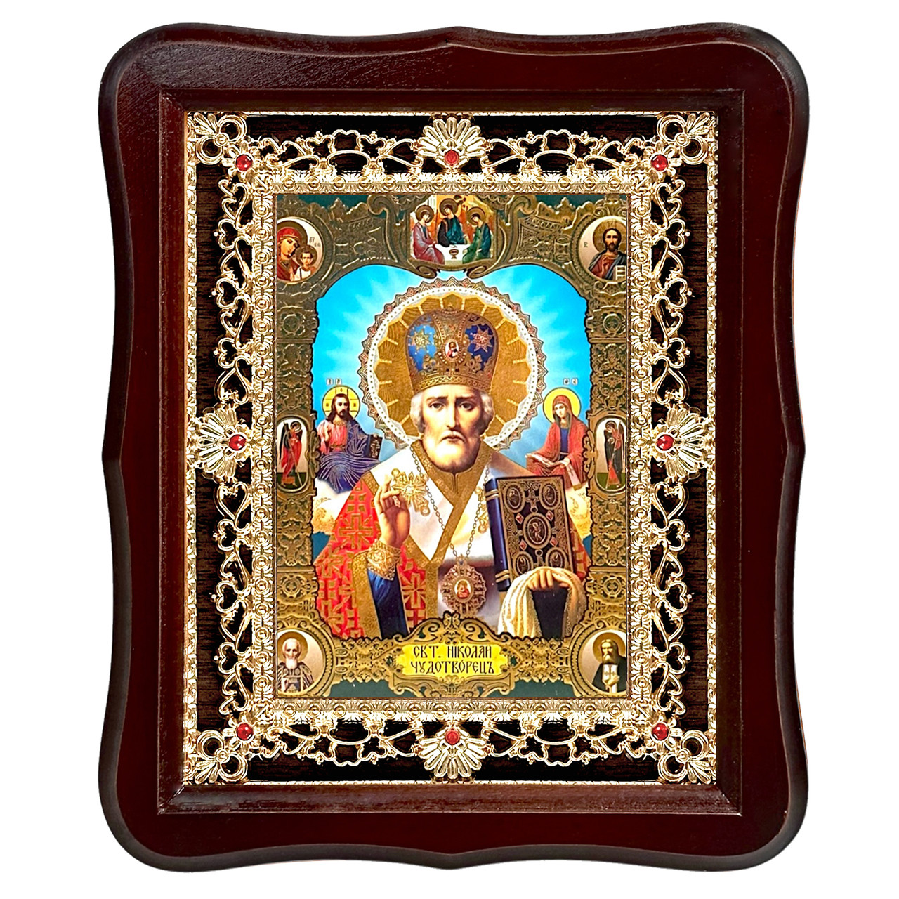 Ікона Миколи Чудотворця святителя, лик 15х18 см, у темному дерев'яному кіоті з камінням, фото 1