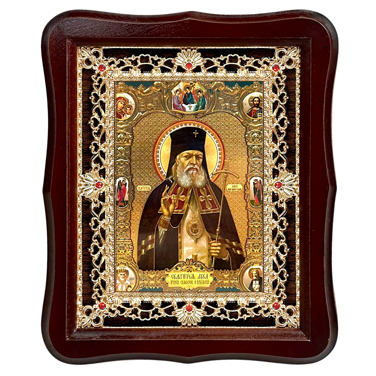 Ікона Лука святитель, сповідник, архієпископ Красноярський, лик 15х18 см, у темному дерев'яному кіоті з камінням, фото 1