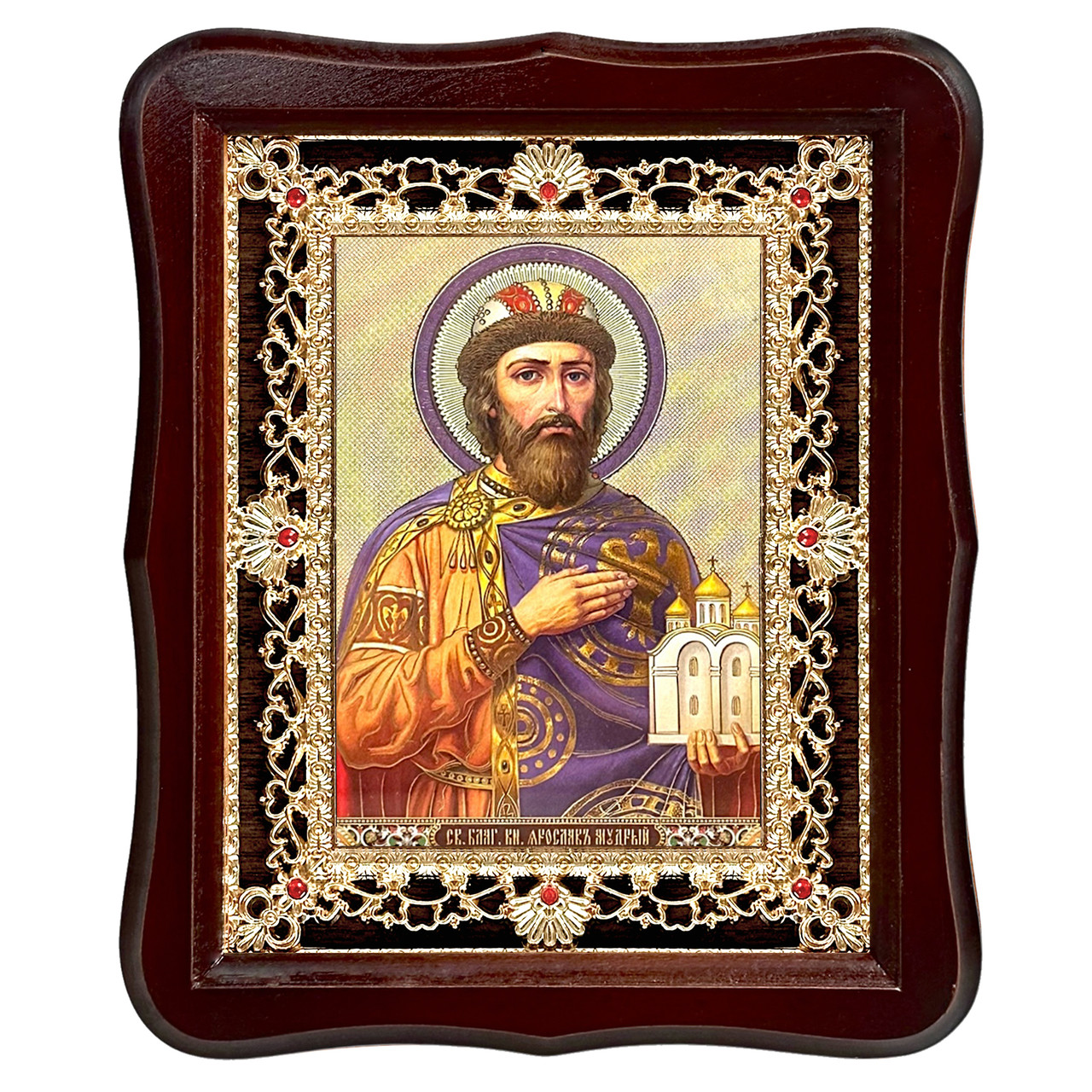 Ікона Ярослав Мудрий святий благовірний князь, лик 15х18 см, у темному дерев'яному кіоті з камінням, фото 1