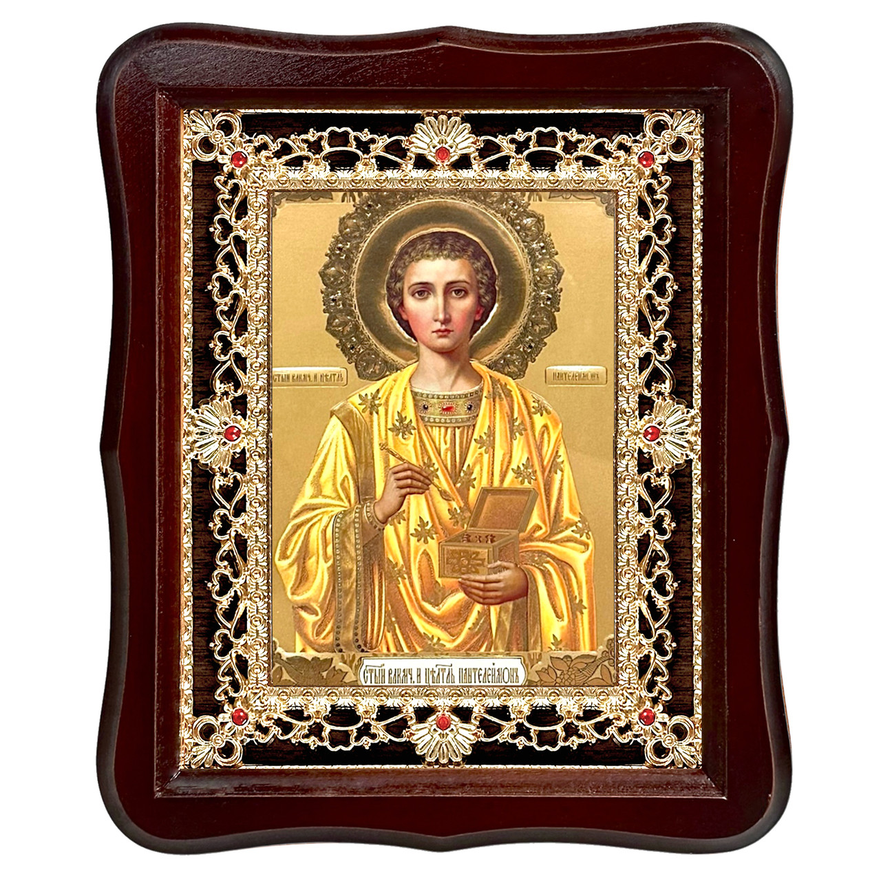 Ікона Пантелеймон святий великомученик і цілитель, лик 15х18 см, у темному дерев'яному кіоті з камінням, фото 1