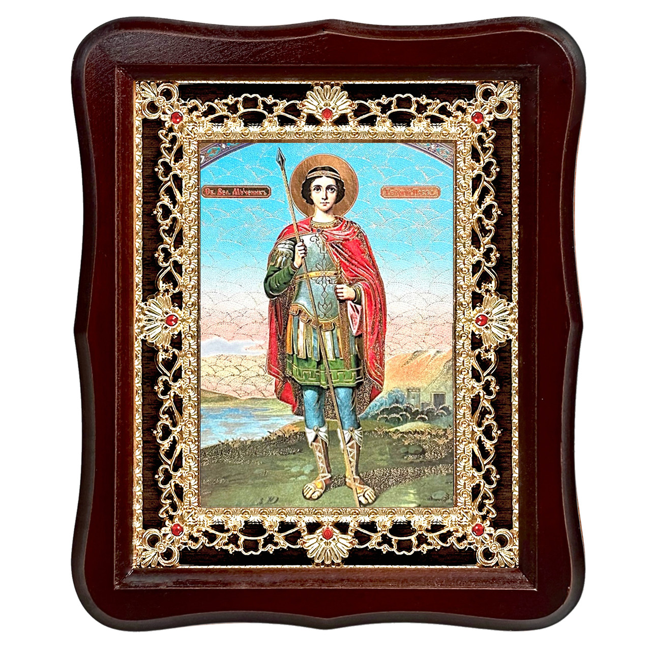 Ікона Георгію святому великомученику та переможцю, лик 15х18 см, у темному дерев'яному кіоті з камінням, фото 1