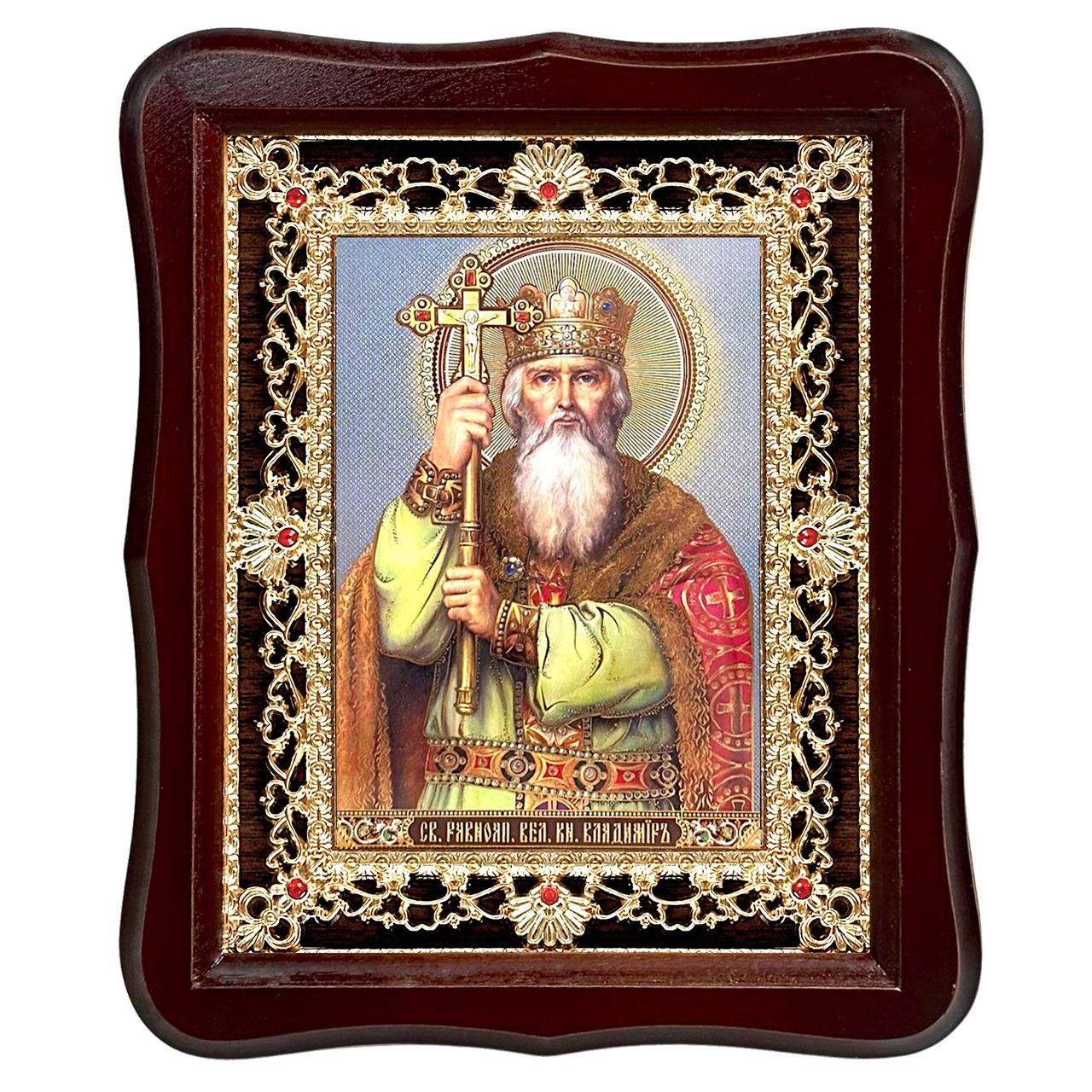 Ікона Володимир святий рівноапостольний князь, лик 15х18 см, у темному дерев'яному кіоті з камінням, фото 1