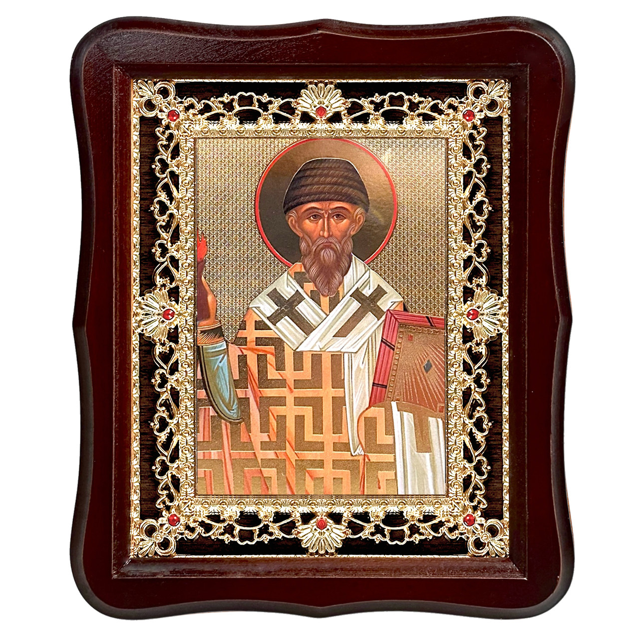 Ікона Спіридон Триміфунський єпископ, лик 15х18 см, у темному дерев'яному кіоті з камінням, фото 1
