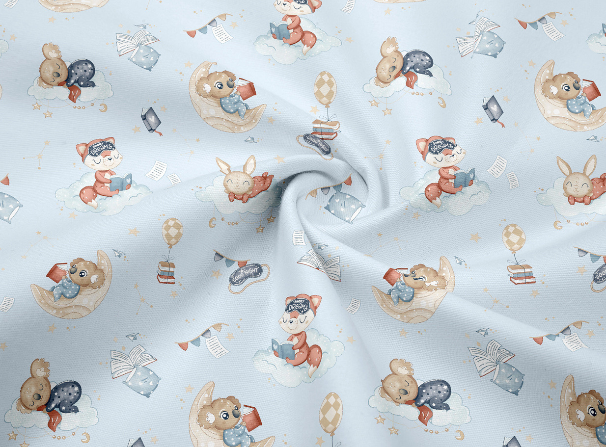 Сатин коали,зайчики та лисички на місяцях та хмарах, фон блакитний №SK-160-07a, фото 1