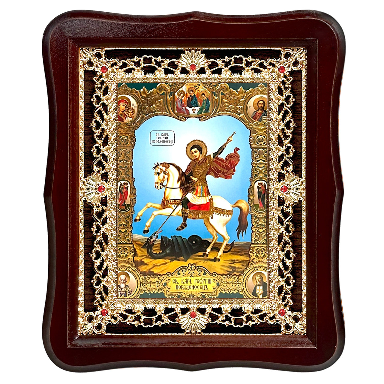 Ікона Георгію святому великомученику та переможцю, лик 15х18 см, у темному дерев'яному кіоті з камінням, фото 1