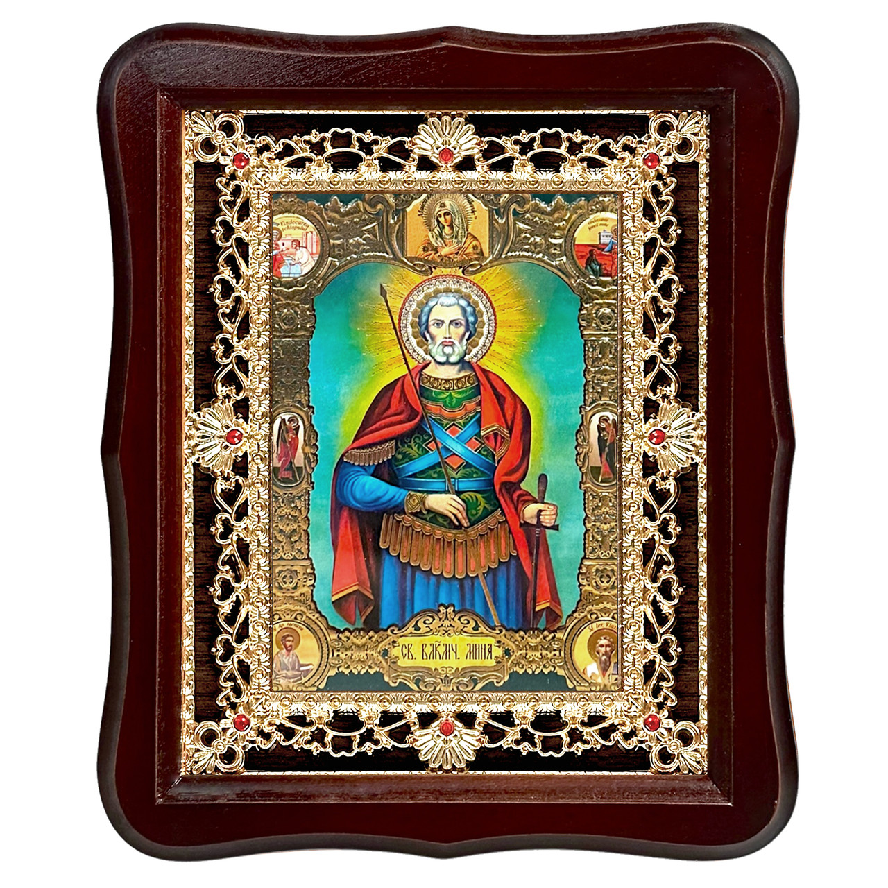 Ікона Міні святого великомученика, лик 15х18 см, у темному дерев'яному кіоті з камінням, фото 1