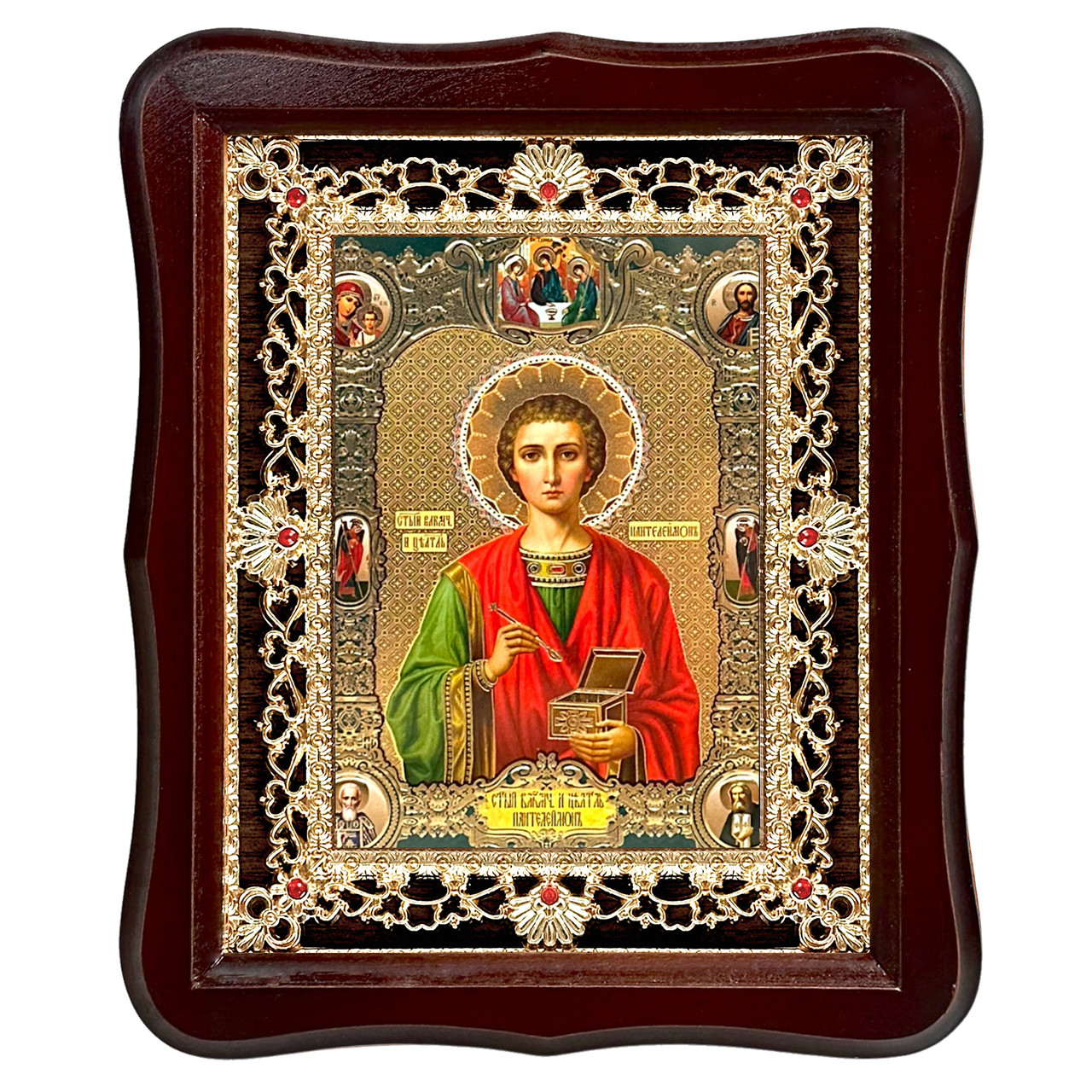 Ікона Пантелеймон святий великомученик і цілитель, лик 15х18 см, у темному дерев'яному кіоті з камінням, фото 1