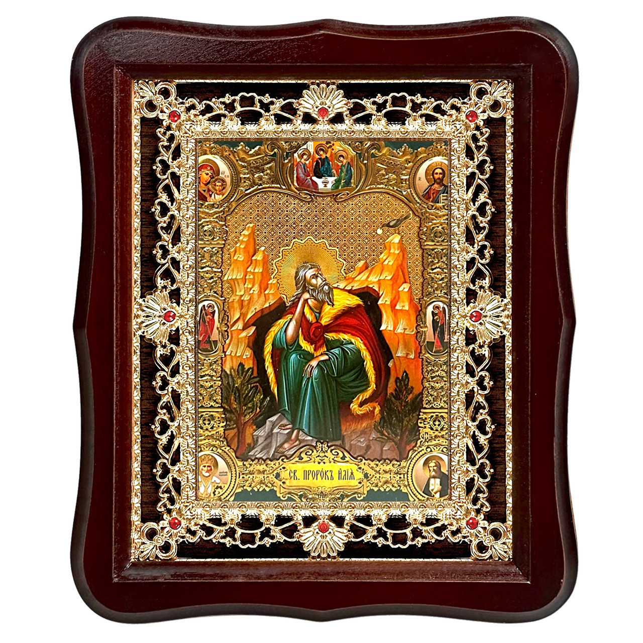 Ікона святий пророк Ілля, лик 15х18 см, у темному дерев'яному кіоті з камінням, фото 1