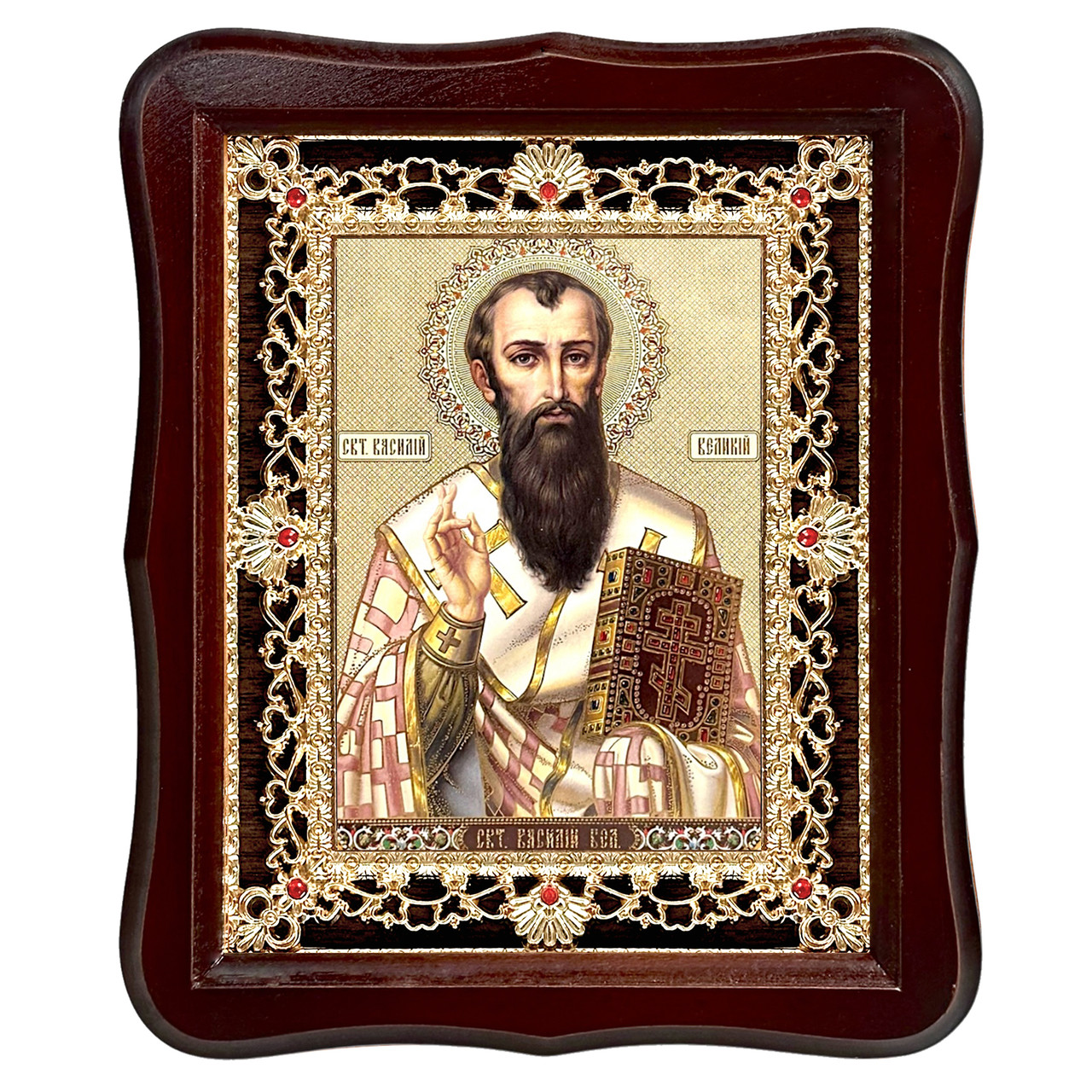 Ікона Василь Великий святитель, лик 15х18 см, у темному дерев'яному кіоті з камінням, фото 1