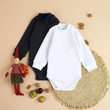 Боді гольф для немовлят з довгим рукавом однотонний чорний або білий 62–92 від народження до 2 років, фото 1