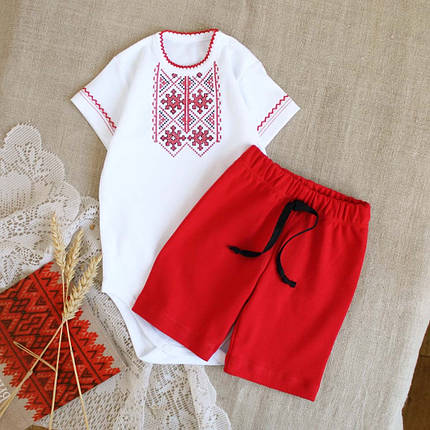Дитячий комплект боді вишиванка з шортами червоно білий трикотажний 56 62 68 74 80 86 92, фото 1