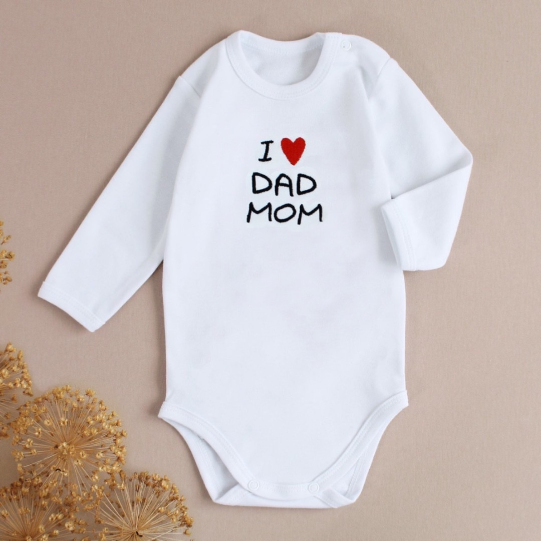 Білий боді I Love Dad Mom для немовляти з довгим рукавом м'яка бавовна 62 68 74 80 см