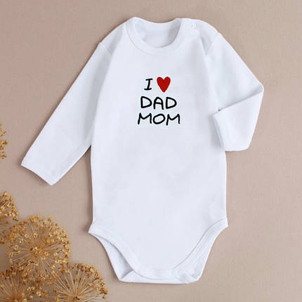 Білий боді I Love Dad Mom для немовляти з довгим рукавом м'яка бавовна 62 68 74 80 см, фото 1