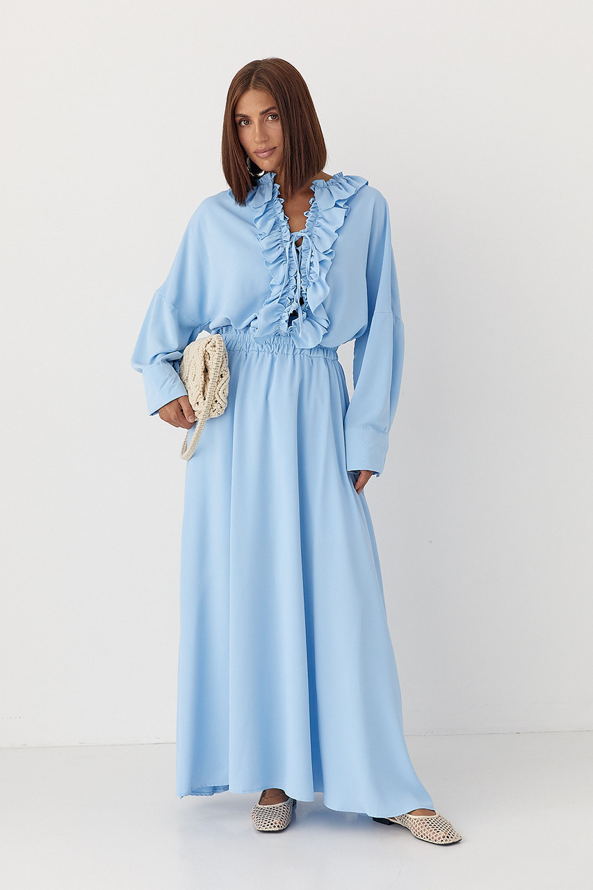 Костюм з рюшами зі спідниці та блузки — блакитний колір, S (є розміри), фото 1