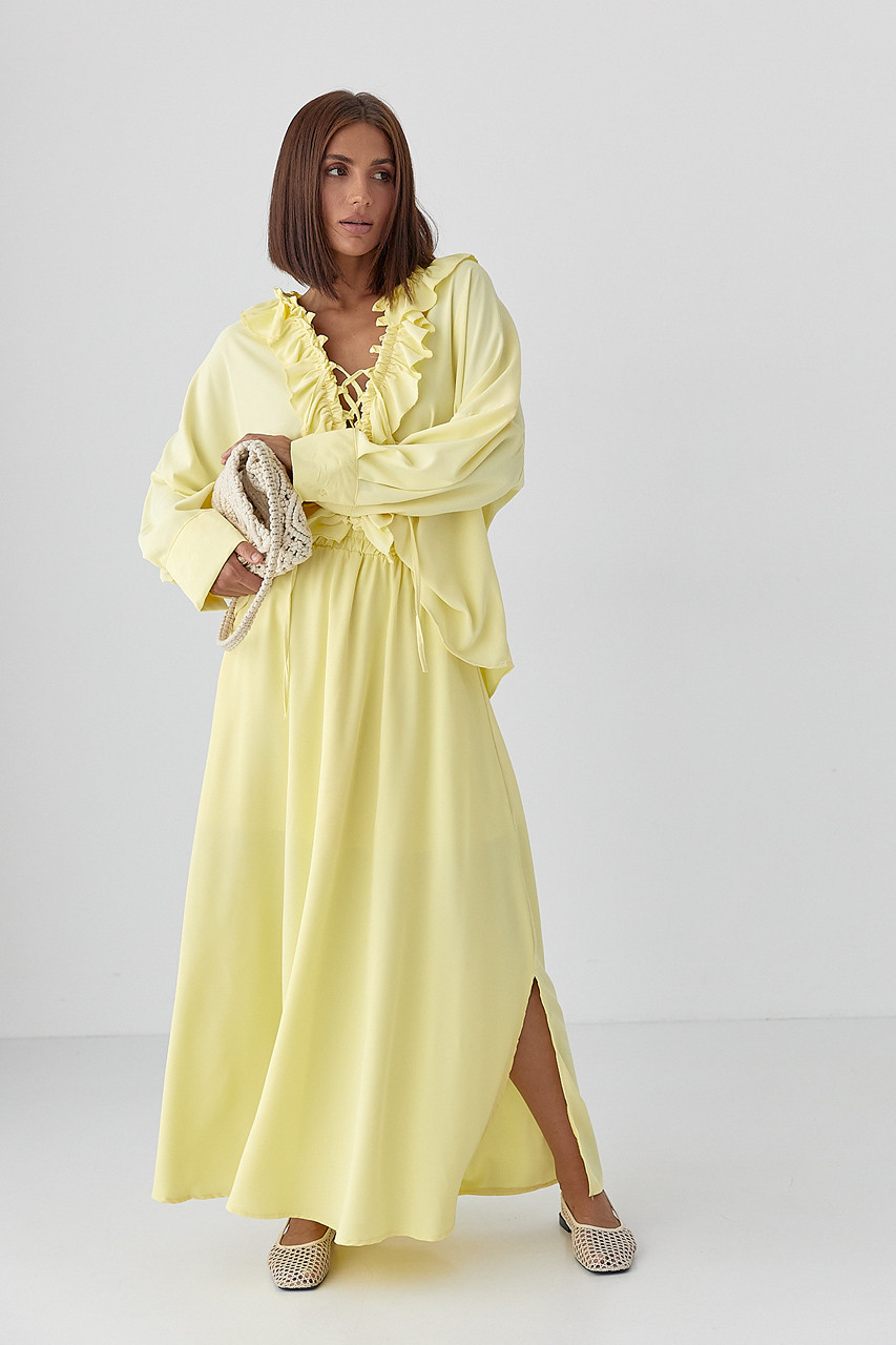 Костюм з рюшами зі спідниці та блузки — лимонний колір, S (є розміри), фото 1