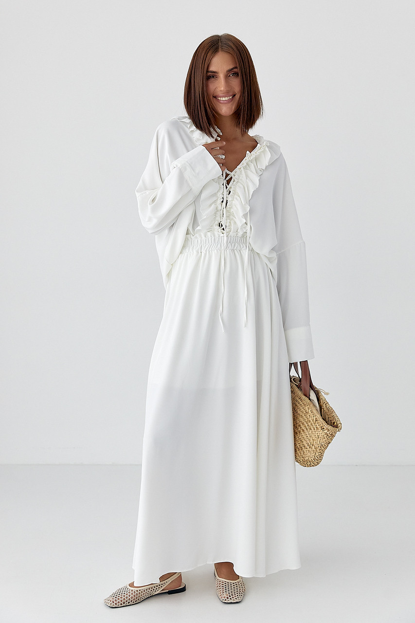 Костюм з рюшами зі спідниці та блузки — молочний колір, L (є розміри), фото 1