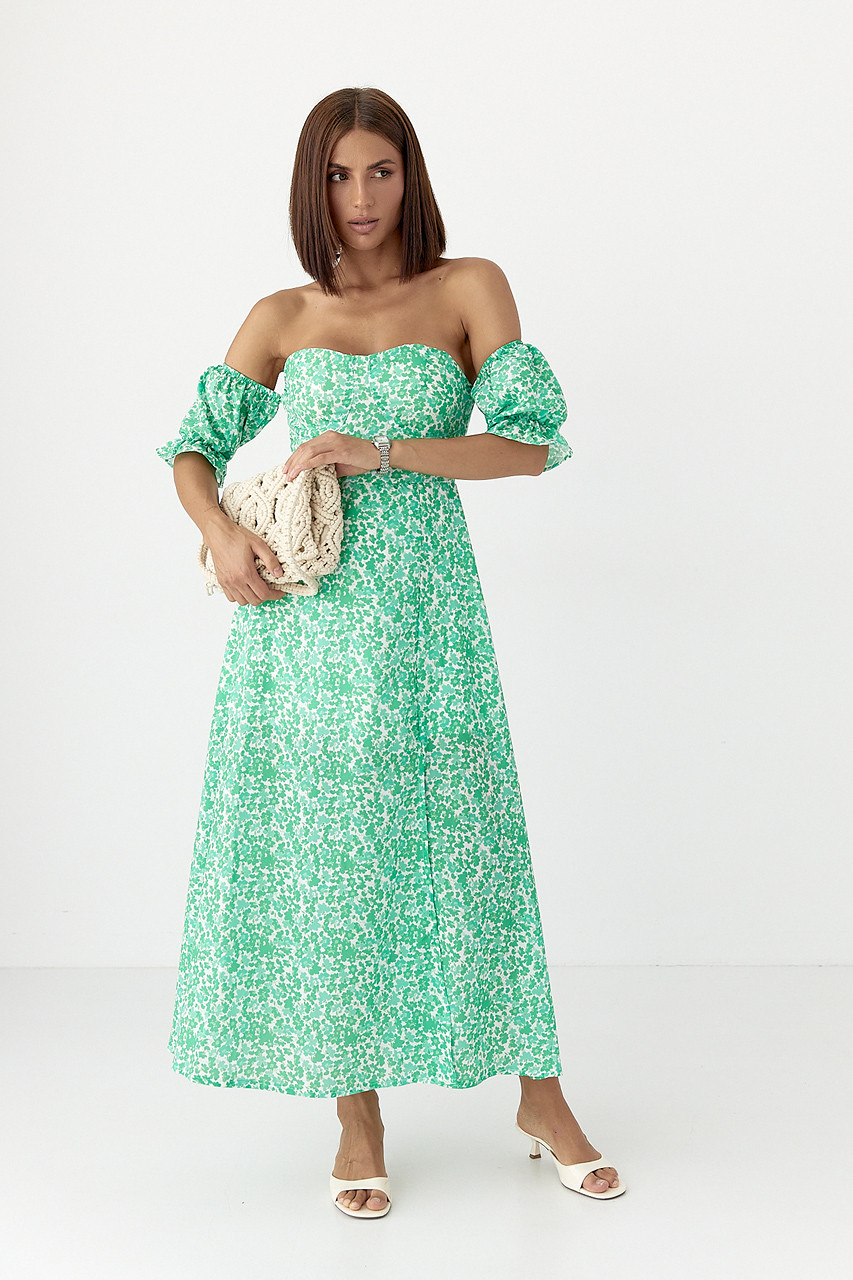 Плаття-бюстьє з квітковим принтом — зелений колір, L (є розміри), фото 1