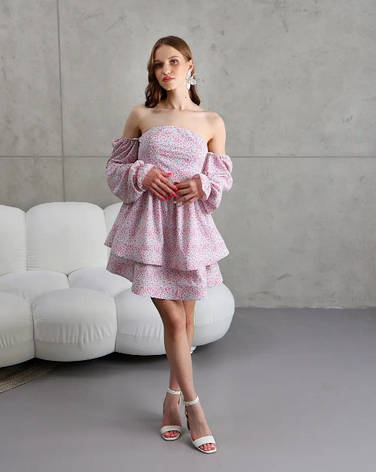 Сукня трансформер «Даша» молочно-рожевого кольору з квітковим принтом із софтової тканини розміри від 40 по 50, фото 1