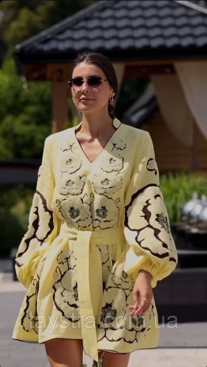 Вишиванка сукня бохо-стиль, вишите плаття вишиванка, бежева сукня льон, фото 1