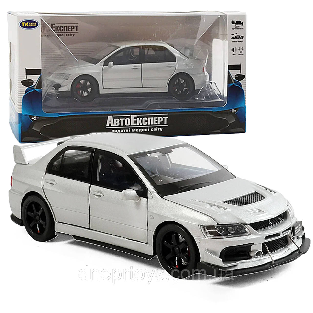 Машинка метал Mitsubishi Lancer Evolution IX сіра 1:32 світло звук інерція відч двері баг капот 15*5,5*4,5см (TK-20651), фото 1