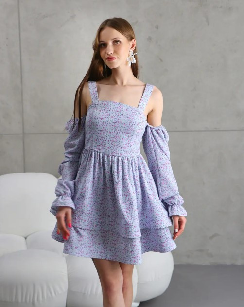 Молодіжна сукня трансформер «Даша» блакитного кольору з квітковим принтом із софтової тканини розміри від 40 по 50