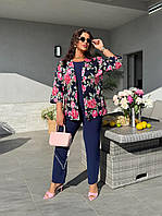 Жіночий літній костюм-трійка креп жатка американська батал, стильний брючний костюм на кожен день прогулянковий повсякденний