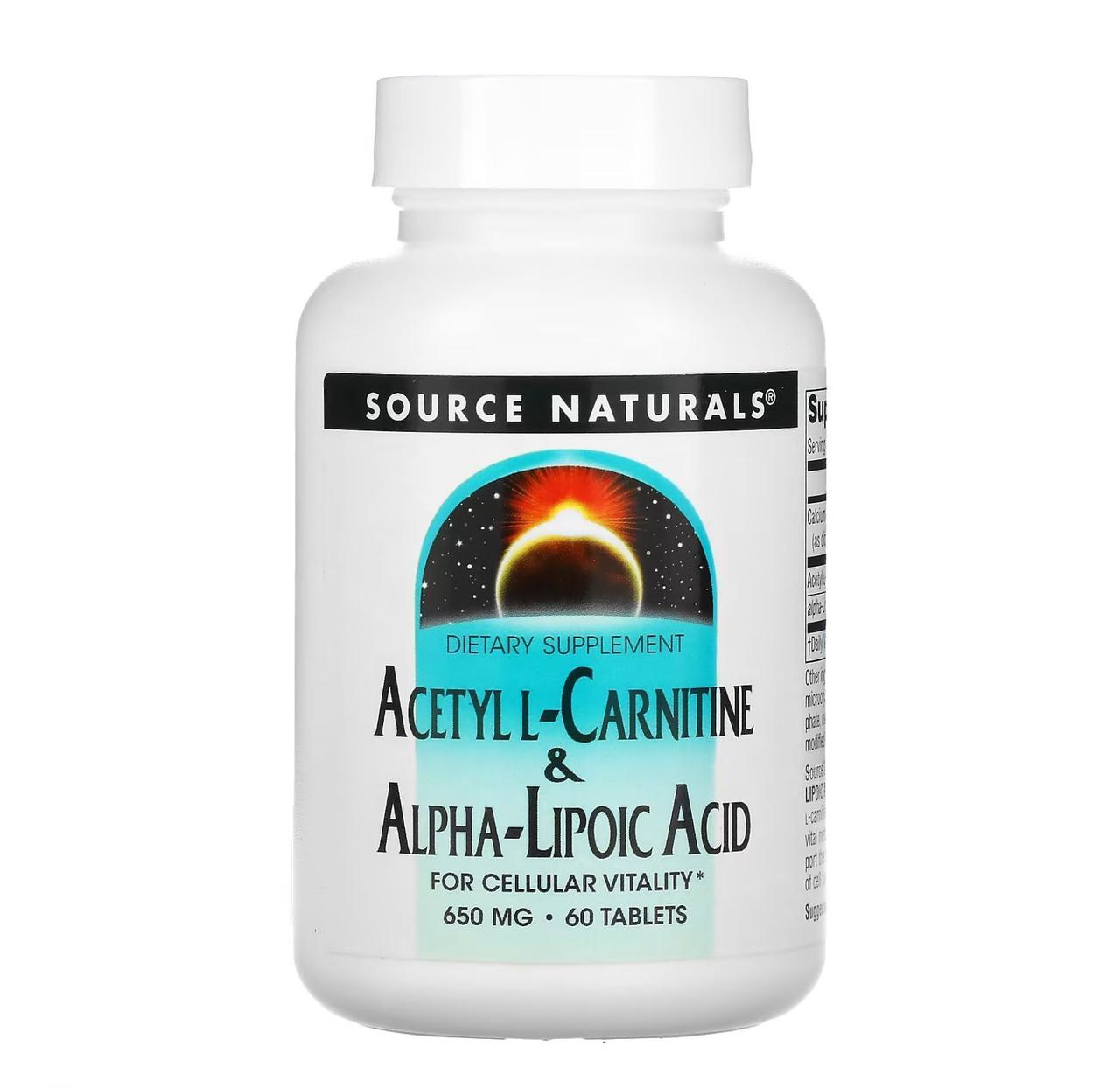 Ацетил L-Карнітин + Альфа-ліпоєва кислота Source Naturals Acetyl L-Carnitine & Alpha-Lipoic Acid 650 мг, 60 т, фото 1