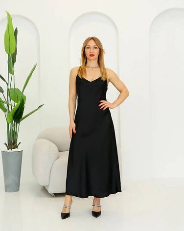 Жіноча атласна сукня-комбінація з шифону в чорному кольорі розміри 42/44, 44/46, 48/50, фото 1