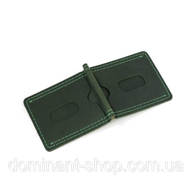 Зажим для денег Grand Green сверху — компактный мужской аксессуар из натуральной зелёной кожи