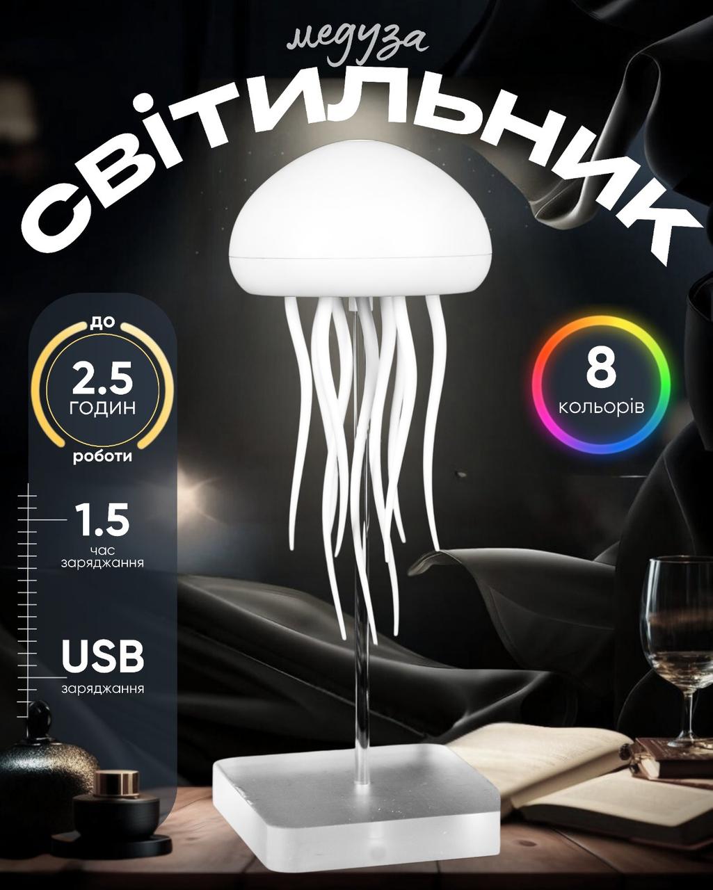 Нічник LED настільна лампа Медуза. Світильник настільний у вигляді медузи з світловими ефектами та 8 кольорами USB, фото 1