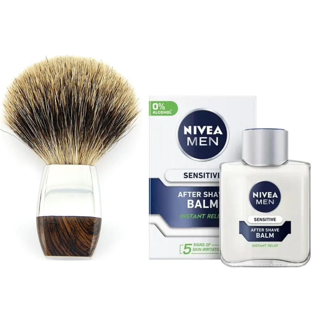 Помазок для гоління з борсучим ворсом + бальзам після гоління Nivea Men Sensitive 100 мл, фото 1