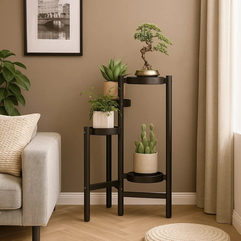 Стелаж з полицями для рослин і горщиків з квітами на 4 яруси колір чорний, фото 1