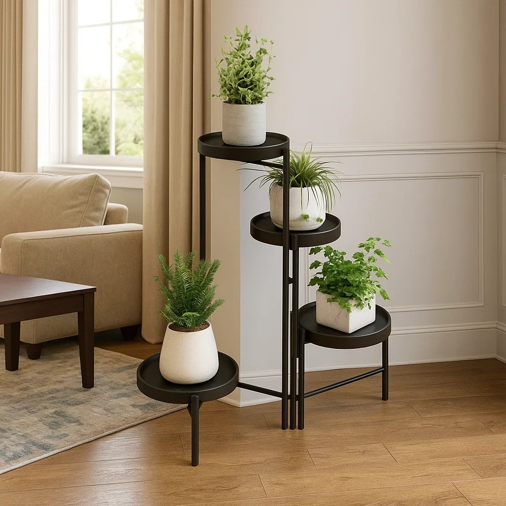 Стелаж із полицями для горщиків із квітами та рослинами металевий на 4 яруси колір чорний, фото 1