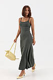 Облягаюча жіноча сукня миди на бретелях темно зелена довга літня сукня в обтягування розмір S, фото 2