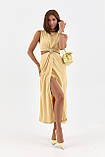 Літня жіноча сукня міді з вирізами на талії жовта нарядна сукня з розрізом на нозі розмір М, фото 2