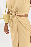 Літня жіноча сукня міді з вирізами на талії жовта нарядна сукня з розрізом на нозі розмір М, фото 5