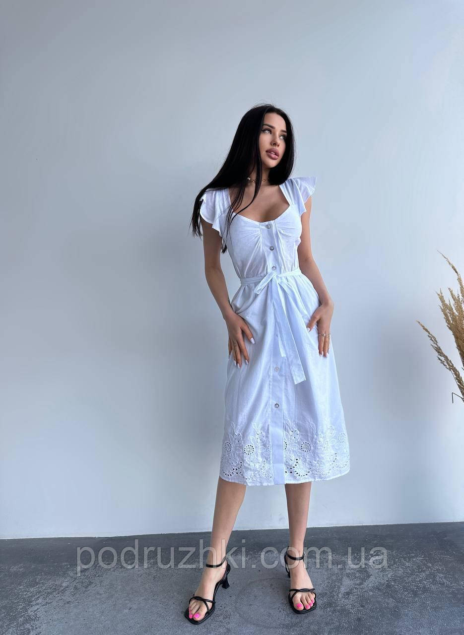 Літня біла сукня-сорочка з вишивкою та поясом Тканина бавовна, розміри 42-46, фото 1