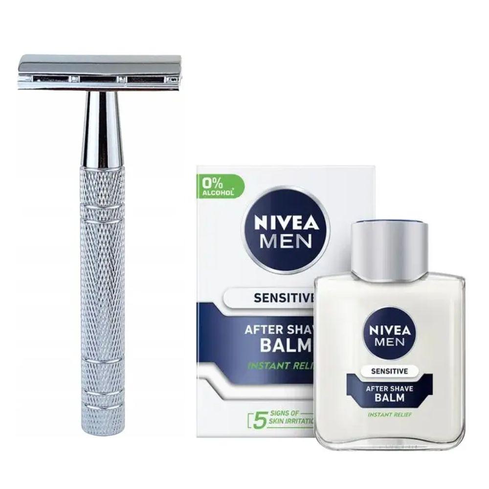 Класична Т-подібна бритва+10 лез + бальзам після гоління Nivea Men Sensitive 100 мл, фото 1