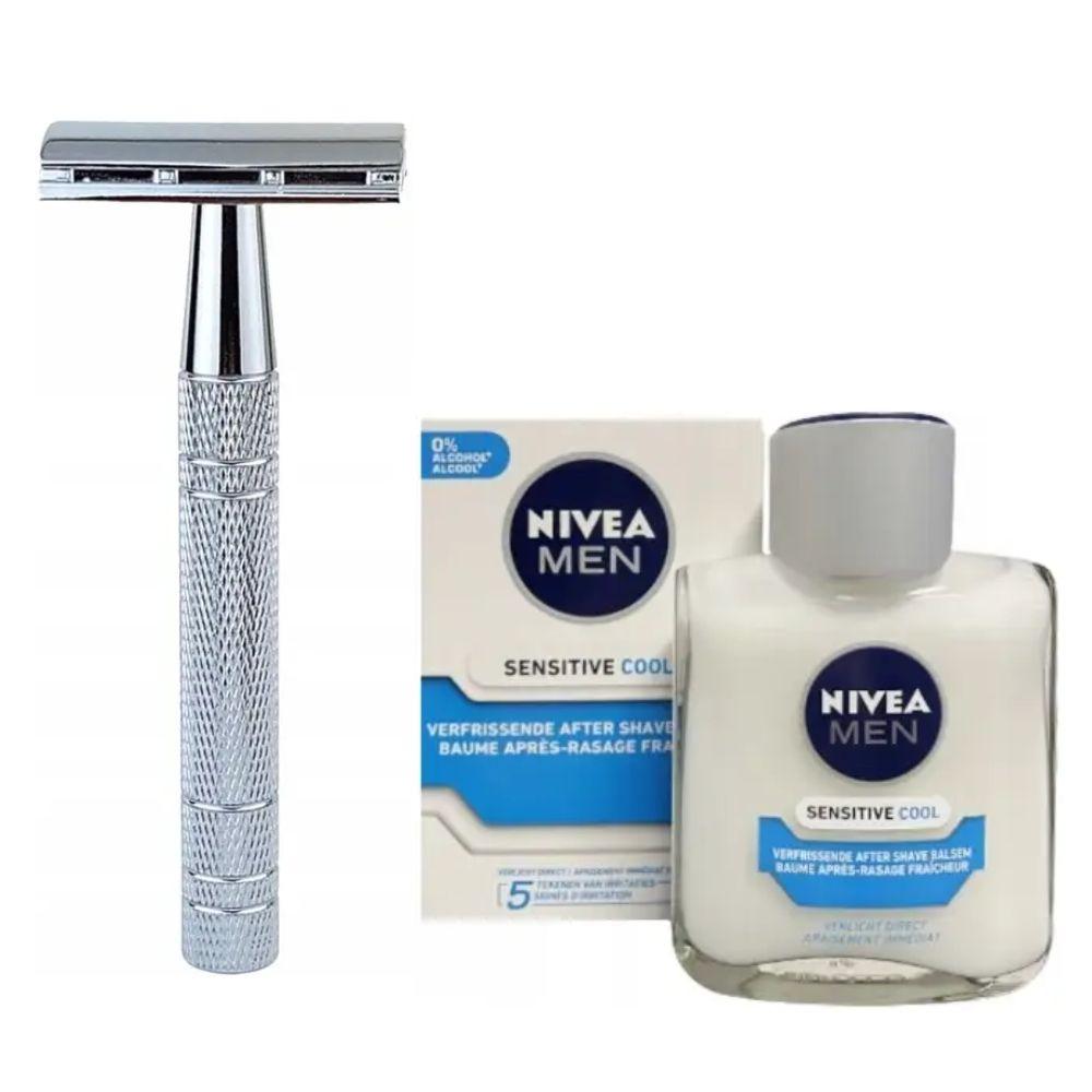 Класична Т-подібна бритва+10 лез + бальзам після гоління Nivea Men Sensitive Cooling 100 мл, фото 1