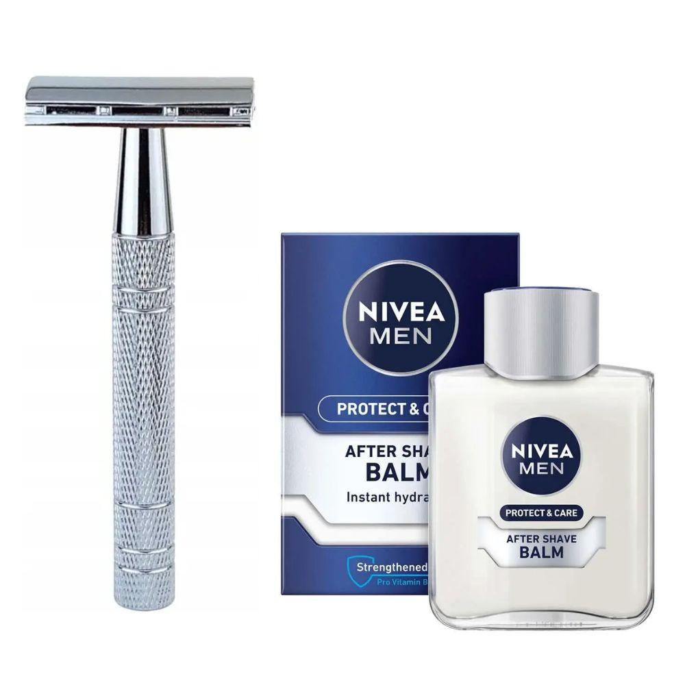 Класична Т-подібна бритва+10 лез + бальзам після гоління Nivea Men Protect & Care 100 мл, фото 1