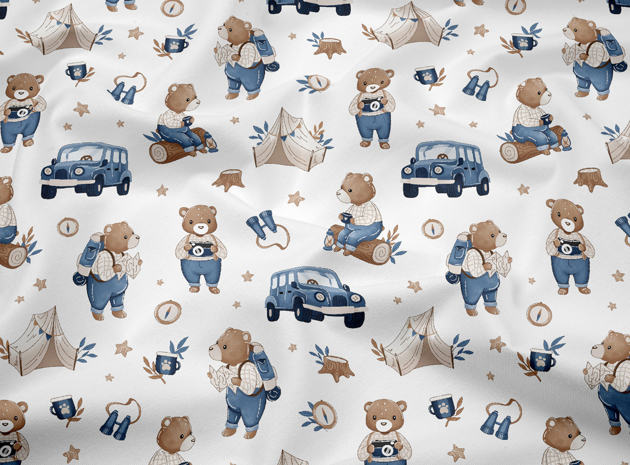 Сатин ведмедика з фотоапаратами та синіми машинами №SK-160-08a, фото 1