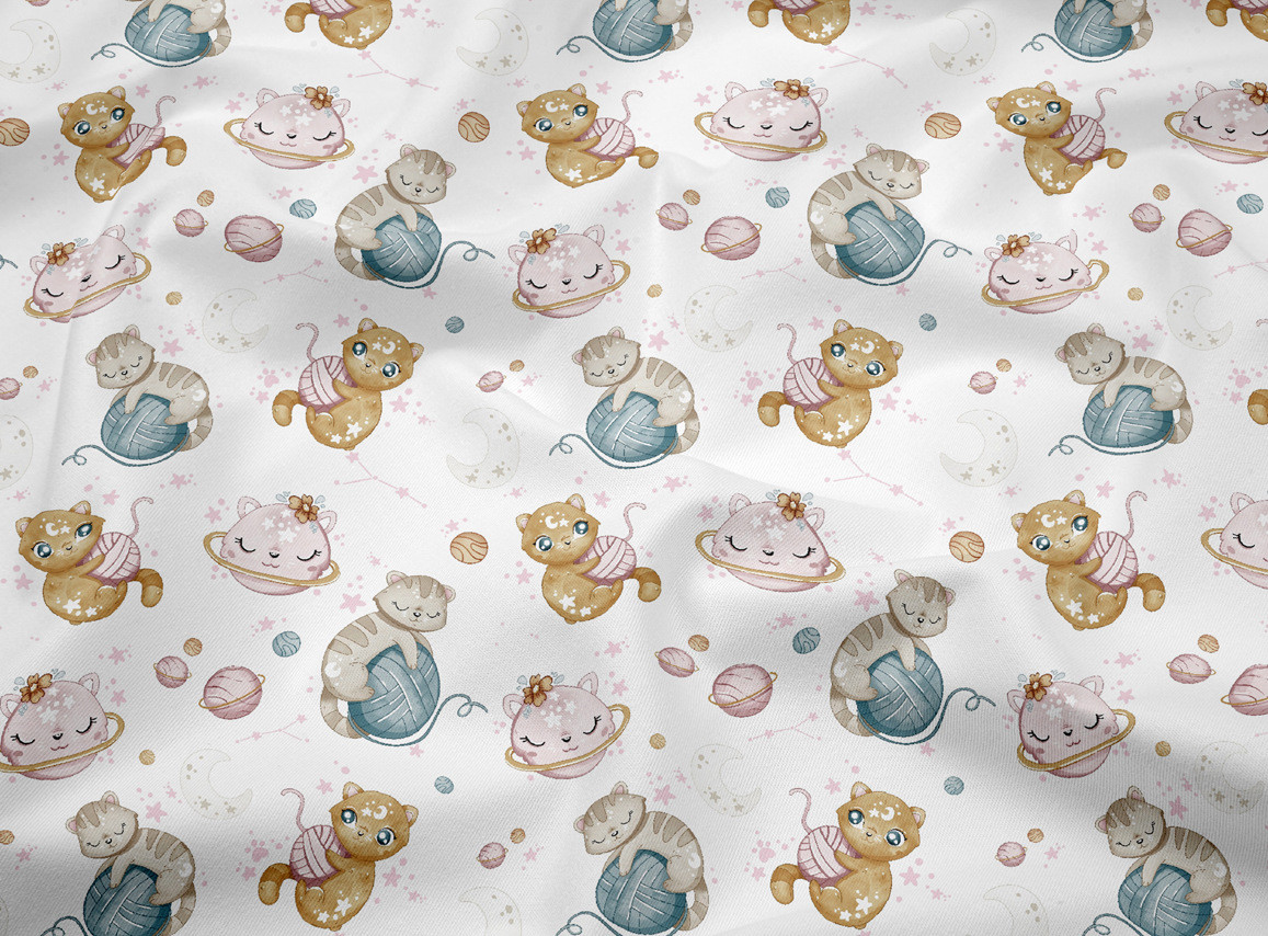 Сатин "Кошенята з клубком ниток" на білому №SK-160-010, фото 1